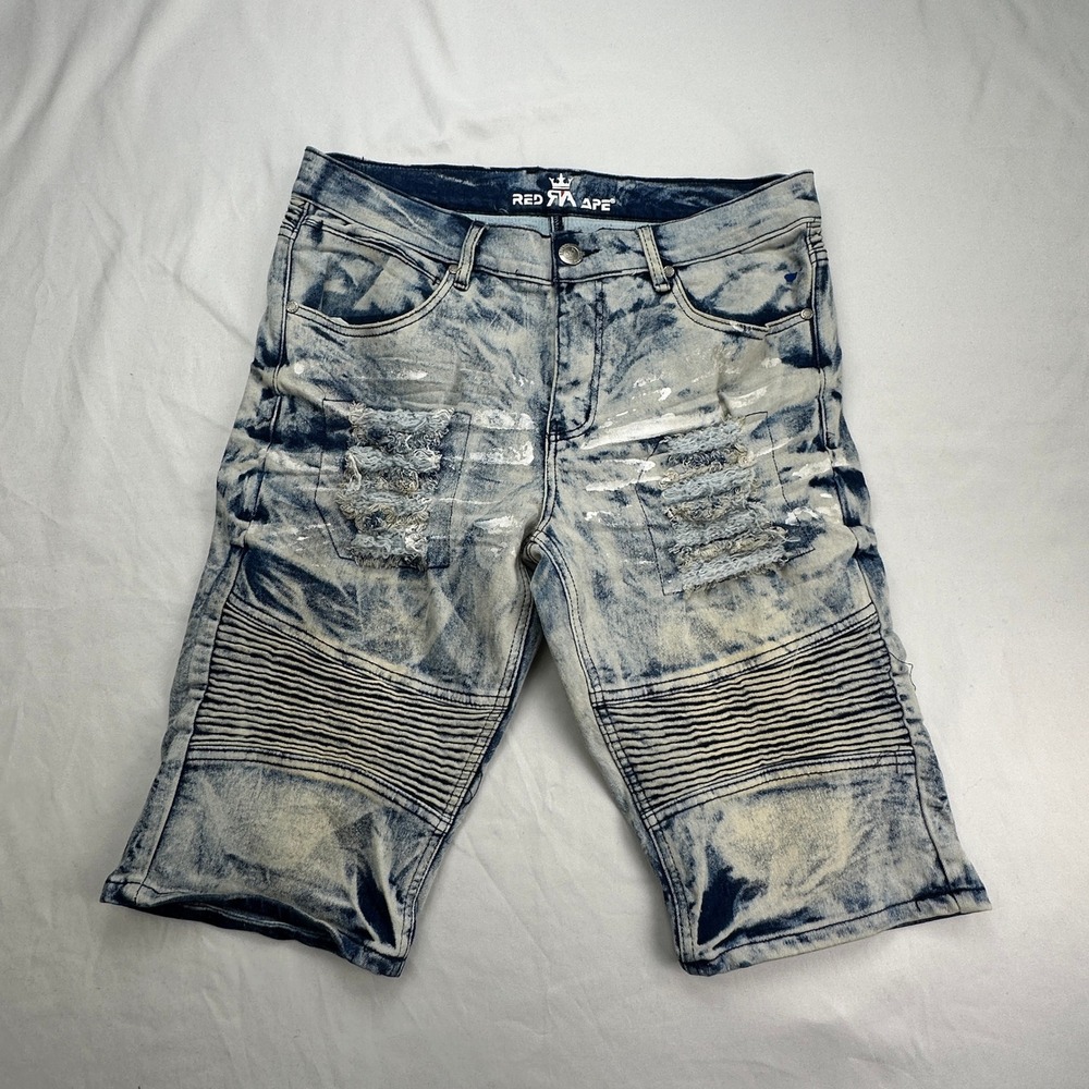 Red Ape Moto Biker Distressed‎ Acid Blue Denim Shorts